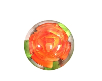 Handcrafted Glass Paperweight With Encased Orange Rose Design