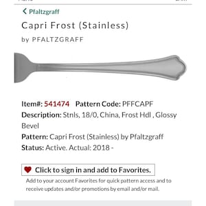 May include: A stainless steel Capri Frost fork by Pfaltzgraff. The fork has a glossy finish and a decorative handle. The item number is 541474. The text "Capri Frost (Stainless)" is visible.