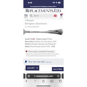 May include: Screenshot of a Replacements, Ltd. website displaying a stainless steel fork from the Ellington pattern by Pfaltzgraff. The fork has a fan tip and glossy finish. The item number is 75300. The pattern was discontinued.
