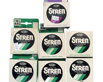 Surtido de líneas de pesca DuPont Stren vintage: 7 carretes de monofilamento transparente.