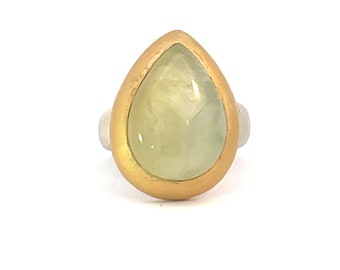 Prehnite ring pear shaped, one of a kind ! handmade artisanal sterling silver ring with thick gold-plating, US size / EU size