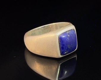 Lapis lazuli mens ring, solid sterling silver ring for men with a cushion lapis lazuli stone, handmade, quality-weighted silver ring, size 64