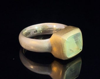 green prehnite ring gold-plated, unique handmade Prehnit ring for women, mixed metals jewelry for woman, handcrafted sterling silver rings