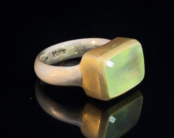 green prehnite ring gold-plated, unique handmade Prehnit ring for women, mixed metals jewelry for woman, handcrafted sterling silver rings