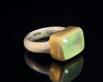 green prehnite ring gold-plated, unique handmade Prehnit ring for women, mixed metals jewelry for woman, handcrafted sterling silver rings