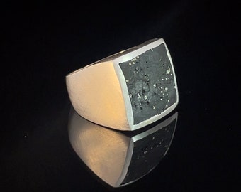 black stone mens ring, solid sterling silver ring for men with a square black stone with golden inclusions, handmade ring for men