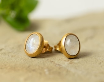 oval moonstone stud earrings, sterling silver earstuds with gold vermeil