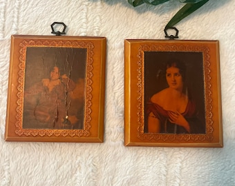 Two Vintage Victorian Wall Hanging Wooden Plaques / Victorian French Lady and Child Art- Victorian Art
