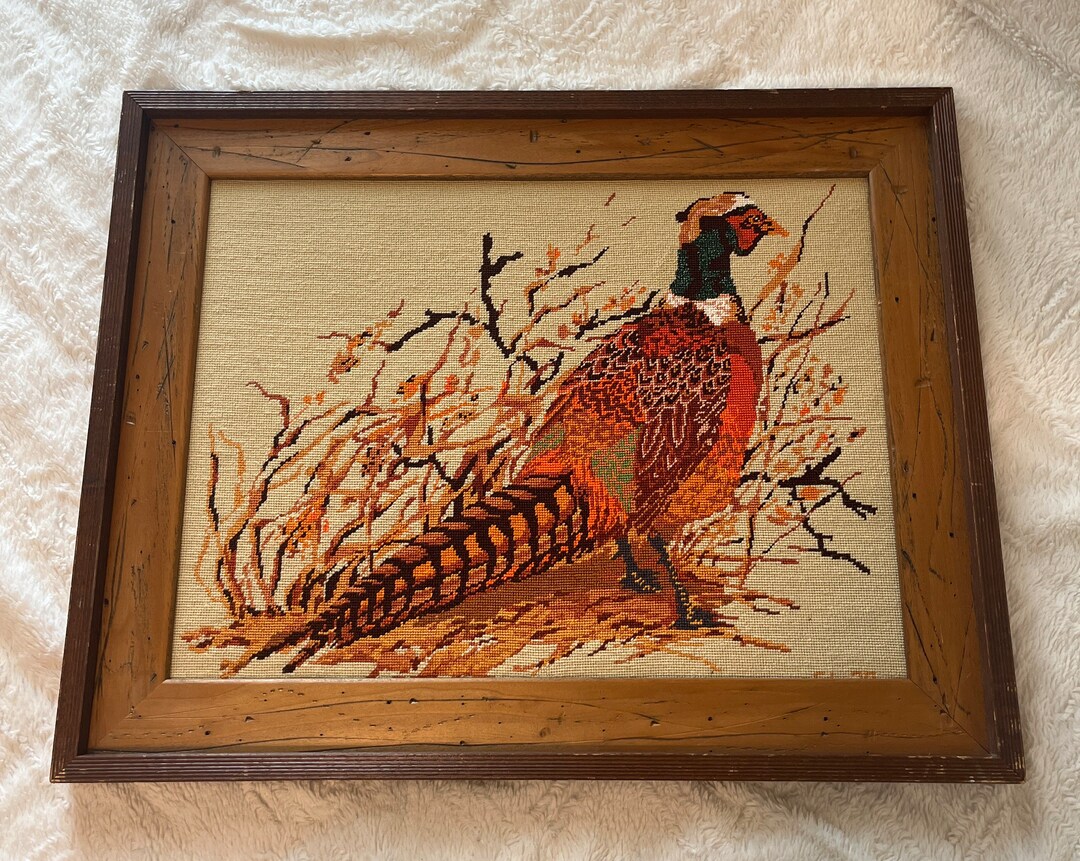 1970s Crewel Needlepoint Cross Stitch Pheasant Framed Art/ Dated April