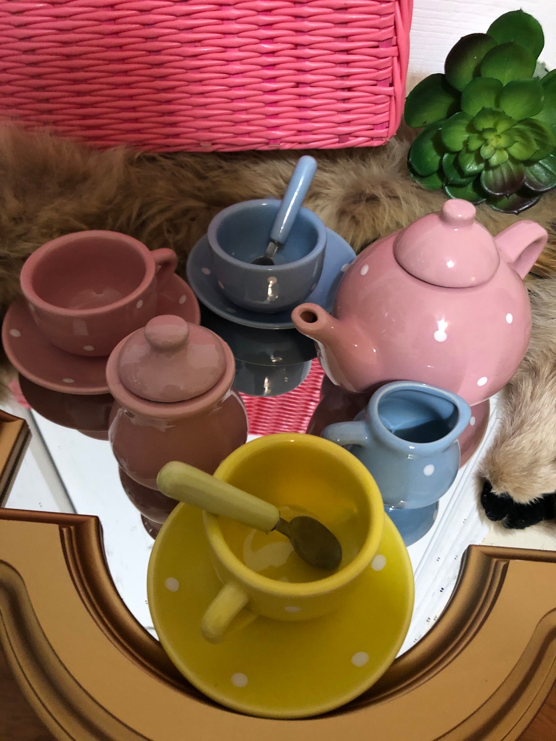 Vintage Childs Tea Set with Pink Basket Etsy