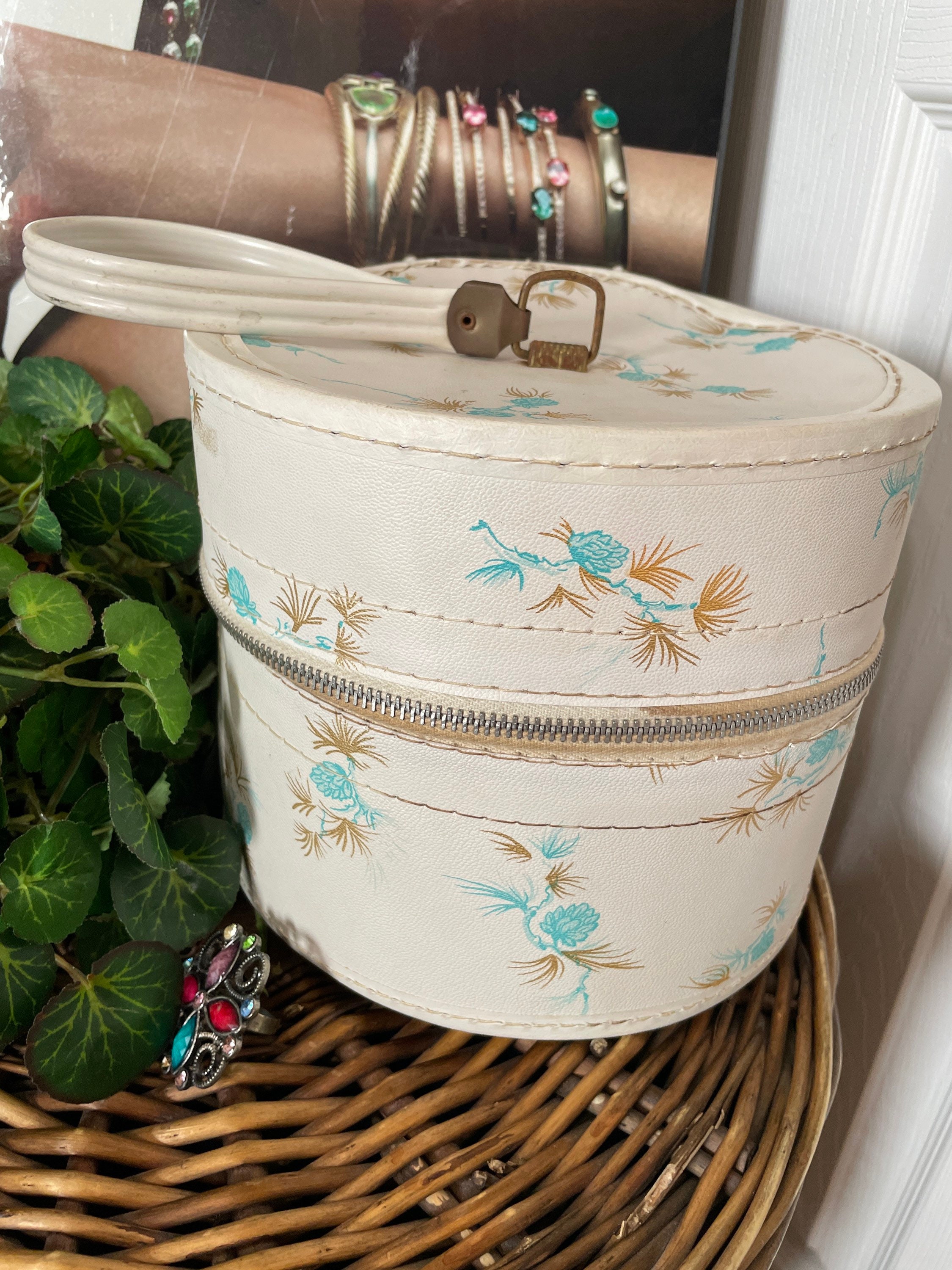 Rare 1950s Vintage Round Hat Box Blue Teal Geometric Atomic Print Zipper Case Vintage Hat Box With Handle - Etsy main image 2