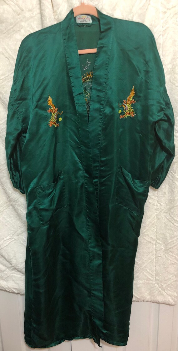 Vintage GOLDEN BEE Hunter Green Chinese Robe with