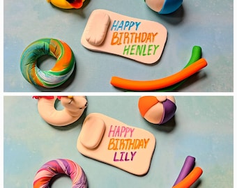 Edible summer pool party themed birthday cake fondant toppers