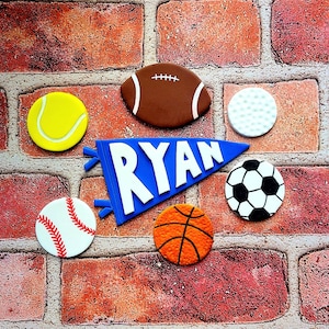 Flat fondant sports balls and name flag cake & cupcake toppers