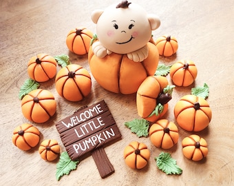 Welcome little pumpkin fondant cake topper baby shower set