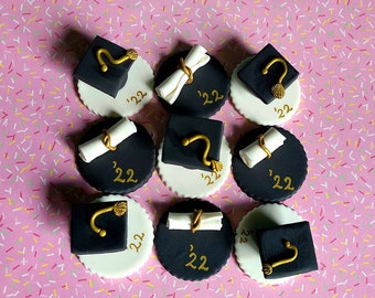 Custom Graduation cap and scroll fondant cupcake toppers (custom colors available)
