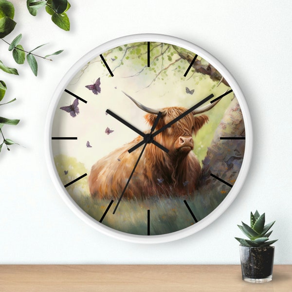 Horloge murale Highland Cow, horloge murale en bois, décor de ferme.