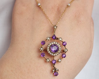 Antique Victorian 9ct Gold Amethyst and Seed Pearl Lavalier Necklace