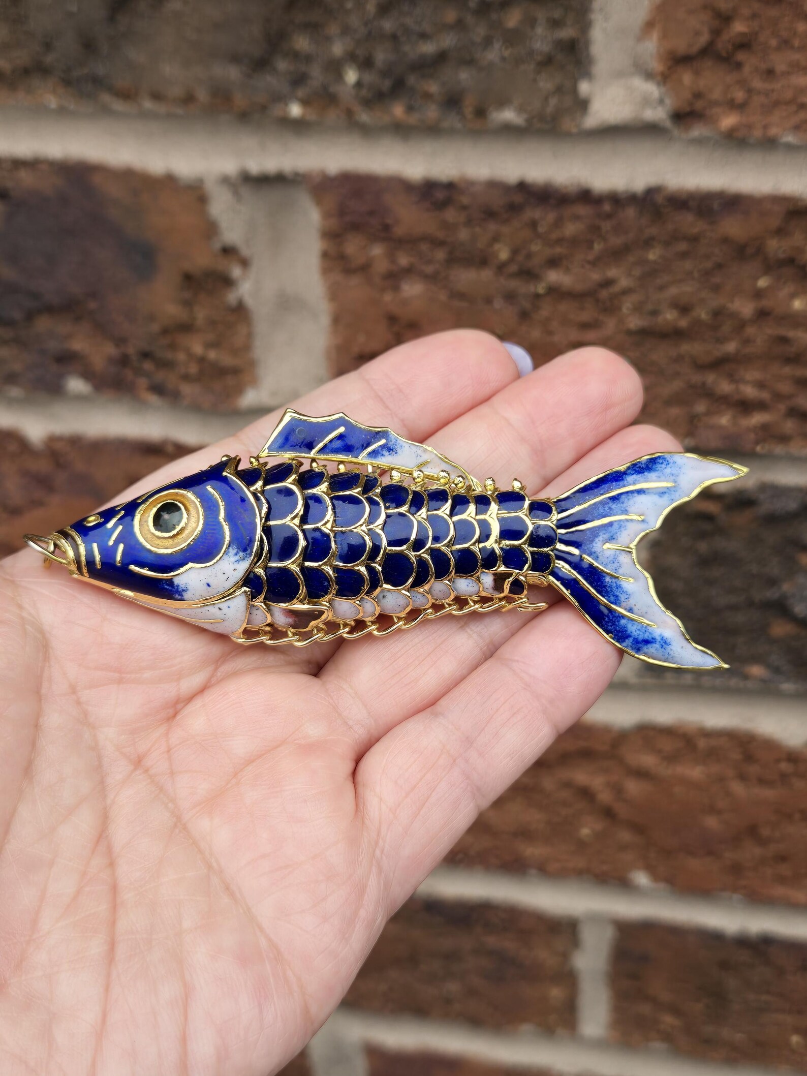 Large Vintage Gold Toned Cloisonne Articulated Koi Fish Pendant ...