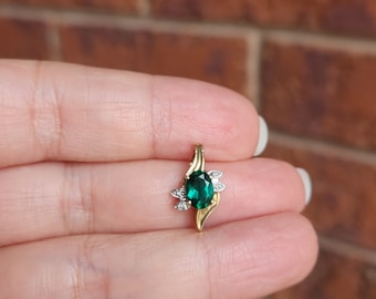 Vintage 10k two toned gold synthetic emerald and diamond pendant, May birthstone, vivid green gemstone