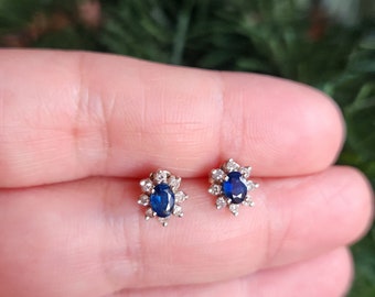 Vintage 14k white gold natural blue sapphire and diamond halo stud earrings, September birthstone, classic gemstone studs