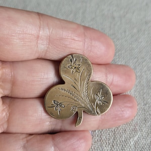 Antique gold filled shamrock statement brooch with ornate floral engraving, shamrock brooch, shamrock jewelry