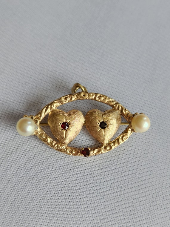 Antique 14k double heart garnet and pearl brooch/p