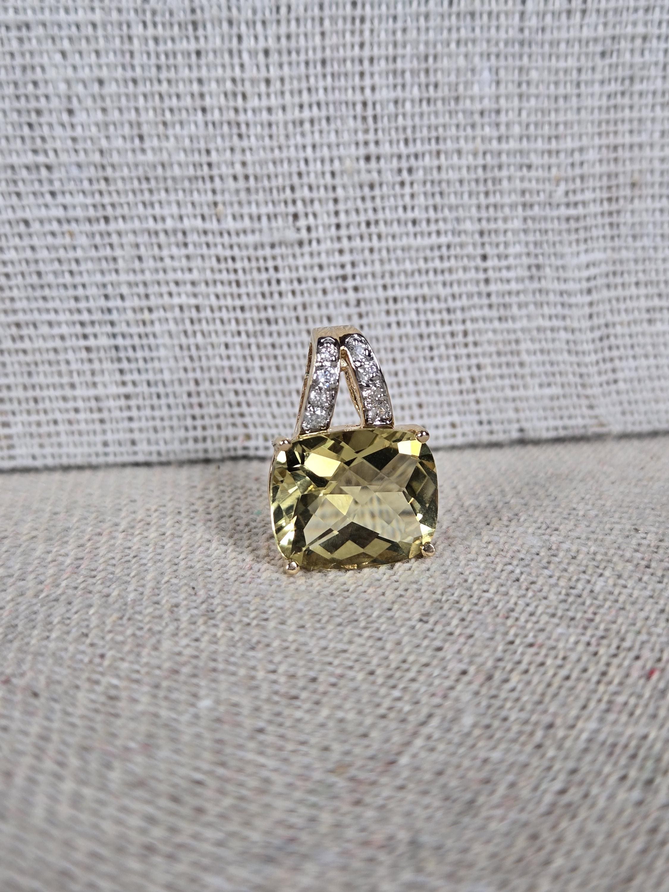 Vintage 14k Yellow Gold Lemon Quartz & Diamond Pendant