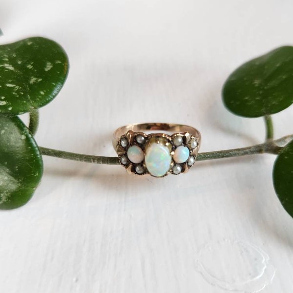 Antique delicate 10k opal and seed pearl stacking ring, antique opal ring, opal and seed pearl, Victorian jewelry, US size 7.5