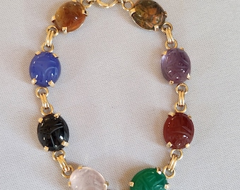 Vintage 14k Gold Carved Multi Gemstone Scarab Bracelet: 1950s Egyptian Revival