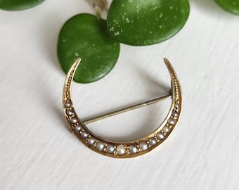 Antique 14k Gold Crescent Moon Brooch: Seed Pearl Celestial Pin