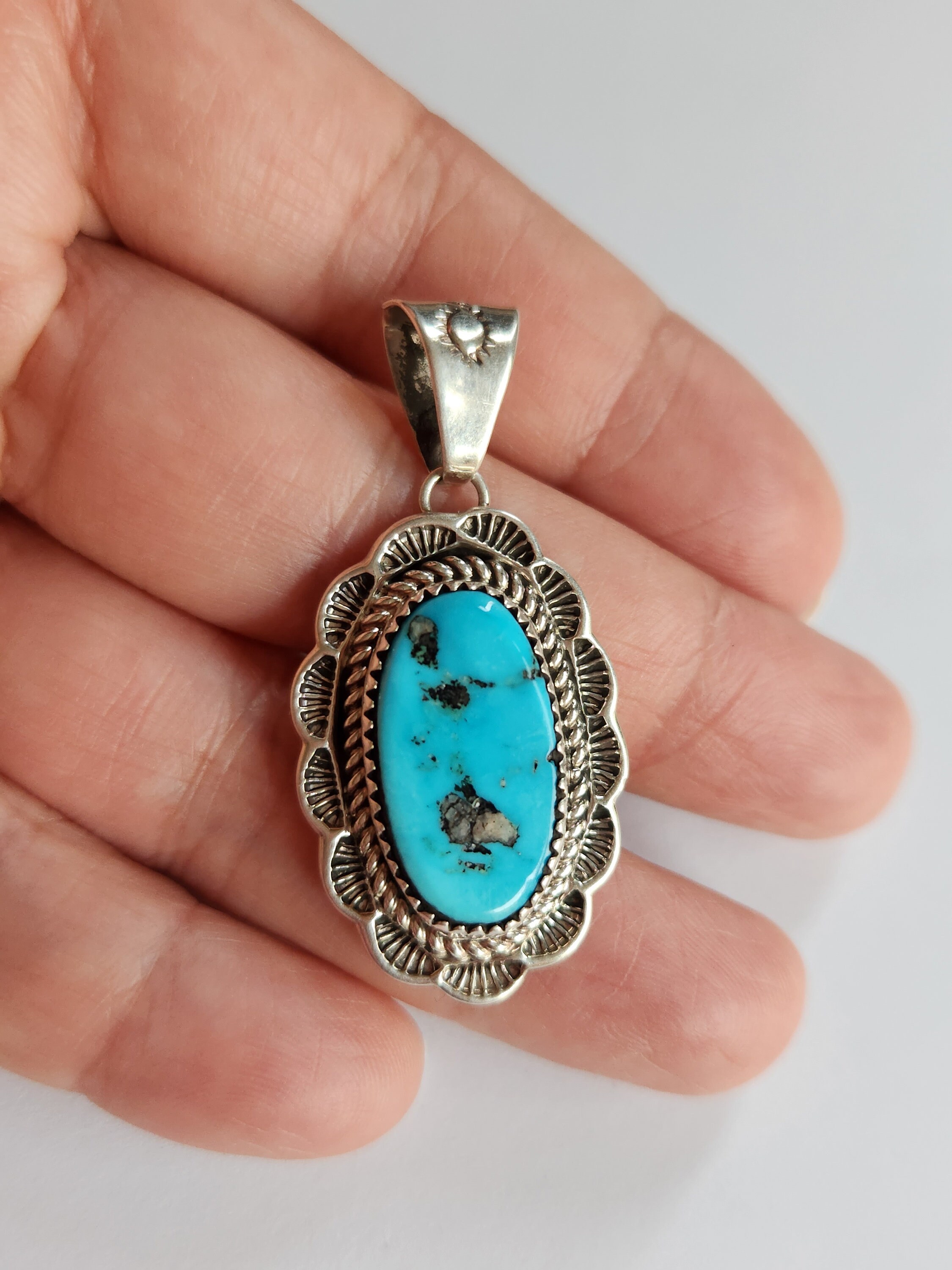 Vintage Navajo Sterling Silver Tribal Turquoise Pendant