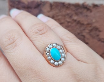 Antique 14k Rose Gold Turquoise Seed Pearl Ring - Georgian Engraved Wedding Ring