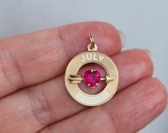 Vintage 10k yellow gold synthetic heart shaped ruby "July" pendant, July birthstone, arrow and heart charm, 14k gold filled split ring bale