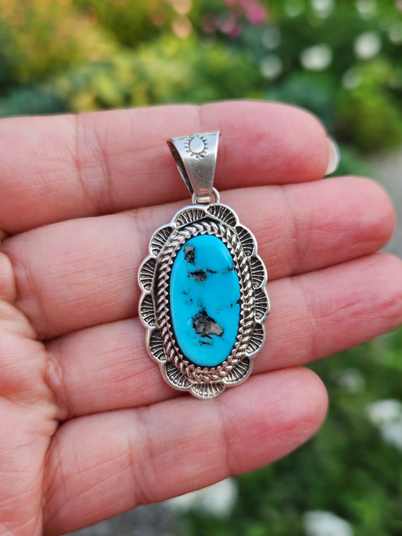 Dramatic Native American Navajo Kingman Turquoise & Coin Sterling Silver Pendant Signed Dramatic Native American Navajo Kingman Turquoise & Coin Sterling Silver Pendant Signed