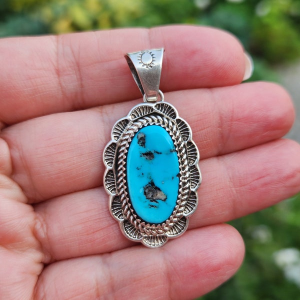 Vintage Navajo sterling silver tribal turquoise pendant, signed H. Spencer, vintage Native jewelry, artisan made silver pendant