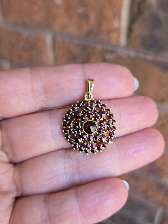 Vintage Bohemian Garnet Cluster Pendant: 900 Silver, Rose Cut