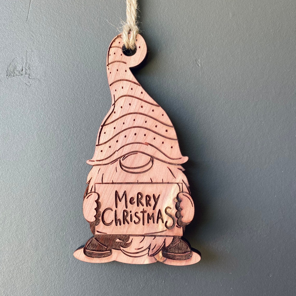 Merry Christmas Gnome Laser Cut Wood Ornament Etsy