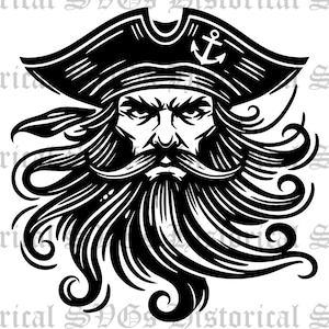 May include: Black and white illustration of a pirate with a long beard and a tricorn hat with an anchor on it.