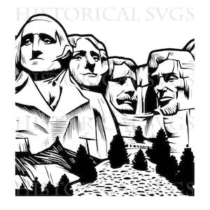 Puede incluir: Ilustración en blanco y negro del Monumento Nacional Mount Rushmore, que presenta las caras talladas de cuatro presidentes de los Estados Unidos: George Washington, Thomas Jefferson, Theodore Roosevelt y Abraham Lincoln.