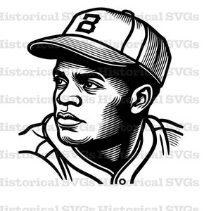 May include: Black and white line art illustration of a baseball player wearing a cap with the letter "B" on it. The player is looking to the right.