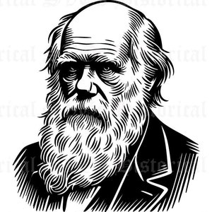 May include: Black and white line art illustration of Charles Darwin, a famous scientist, with a long beard and a serious expression.