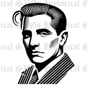 Può includere: Illustrazione in bianco e nero di un uomo con i capelli lisciati all'indietro che indossa un abito a righe.