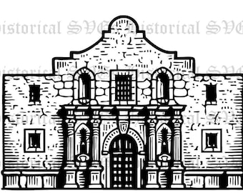 Alamo SVG, png, jpg, eps, pdf en dxf | Gedetailleerde zwarte lijntekening van de Alamo-missie | Historisch monumentaal ontwerp in Texas om te knutselen