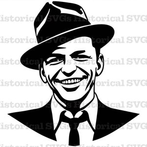 May include: Black and white silhouette of a man wearing a fedora hat and a suit. He is smiling and looking to the right.
