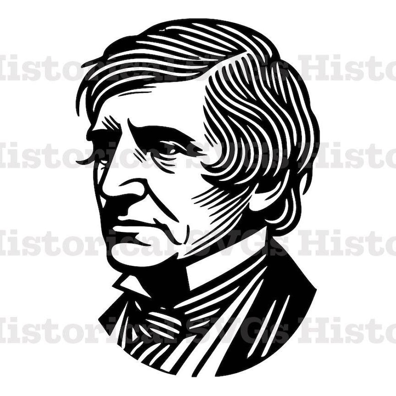 Black and white line drawing of Ralph Waldo Emerson, featuring his iconic facial features, thoughtful expression, and 19th-century attire. Clean and bold design, perfect for vinyl stickers, decals, or prints. Celebrates his legacy as a philosopher