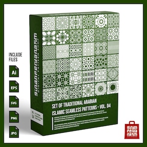 May include: A dark green box featuring a collection of white Islamic seamless patterns. The box includes file formats such as AI, EPS, SVG, PNG, and JPG. Text on the box reads "SET OF TRADITIONAL ARABIAN ISLAMIC SEAMLESS PATTERNS - VOL. 04."