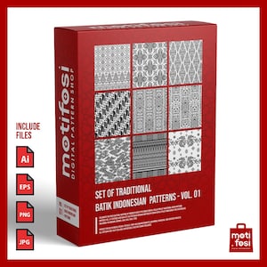 Puede incluir: Una caja roja que presenta nueve patrones tradicionales batik indonesios en blanco y negro. La caja incluye archivos en formatos AI, EPS, PNG y JPG. El texto en la caja dice "motifosi DIGITAL PATTERN SHOP" y "SET OF TRADITIONAL BATIK INDONESIAN PATTERNS - VOL. 01."