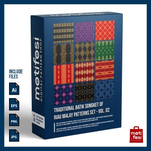 May include: A dark blue box featuring a collection of traditional batik songket patterns in various colors and designs. The box includes the text "Traditional Batik Songket of Riau Malay Patterns Set - Vol. 02" and the "motifosi" logo.