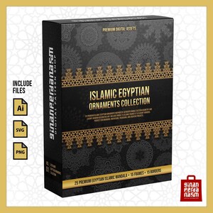 May include: A black box featuring the text "Islamic Egyptian Ornaments Collection" with gold accents. The box includes files in AI, SVG, and PNG formats. The design is inspired by authentic Middle Eastern and luxury Arabian decorative art.
